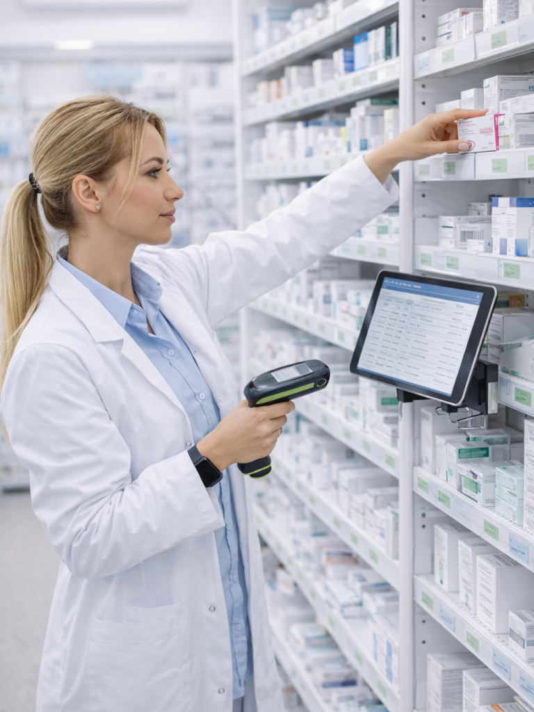Gestión de stock en farmacia con farmacéutica revisando medicamentos