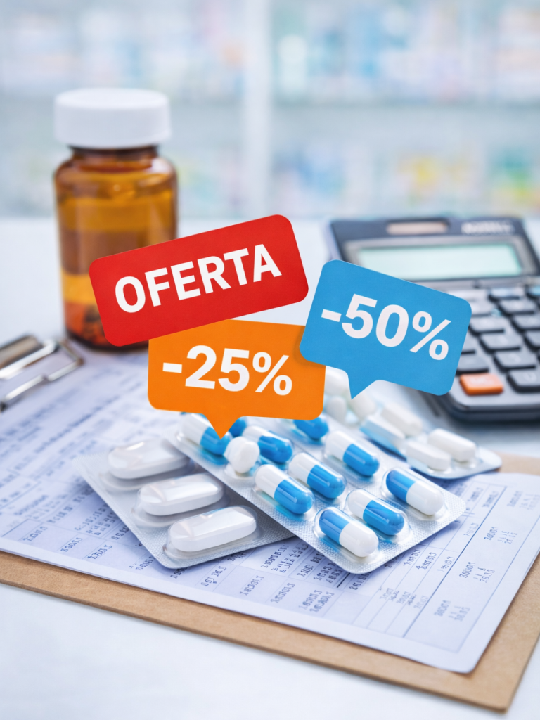Productos farmacéuticos con etiquetas de oferta y calculadora, imagen sobre cómo valorar promociones en la farmacia