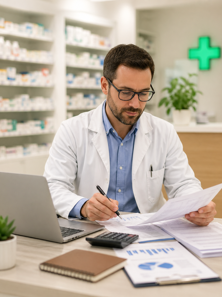 Titular de farmacia revisando documentación fiscal y contable en su oficina de farmacia