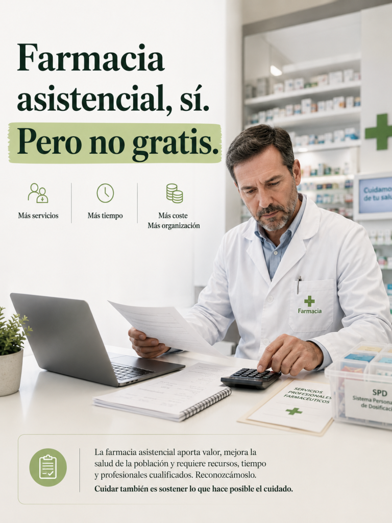 Farmacéutico revisando documentos y calculadora en una farmacia, con el mensaje “Farmacia asistencial, sí. Pero no gratis”, para representar que los nuevos servicios farmacéuticos requieren tiempo, costes y organización.