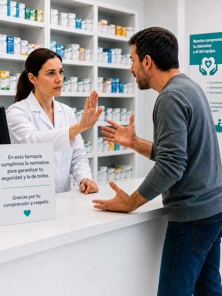 Farmacéutica atendiendo con calma a un cliente alterado en el mostrador de una farmacia, en una situación que refleja la importancia de poner límites con respeto.