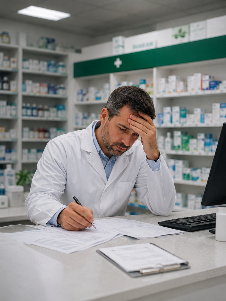 Farmacéutico titular revisando documentación en la oficina de farmacia
