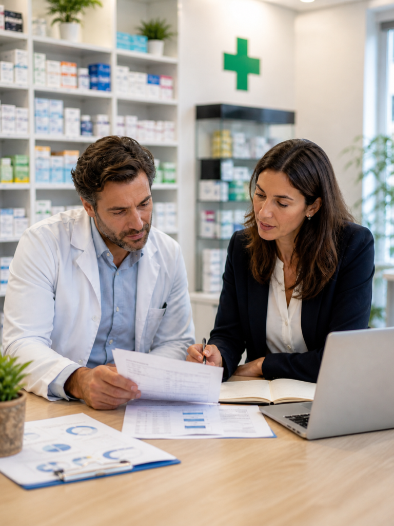 Titular de farmacia revisando documentación fiscal con su asesoría para preparar la declaración de la renta 2025.
