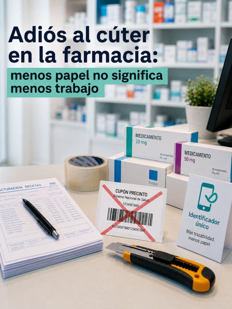 Mostrador de farmacia con medicamentos, documentación administrativa y un cúter, ilustrando la desaparición progresiva del cupón precinto.