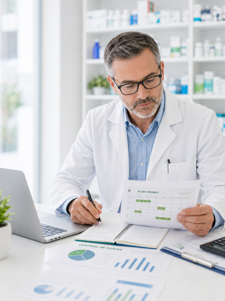 Farmacéutico revisando el plan de turnos, vacaciones y costes de verano en una oficina de farmacia