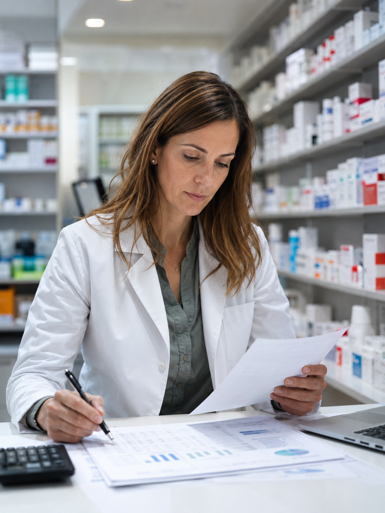 Farmacéutica revisando documentación económica en la rebotica de una farmacia