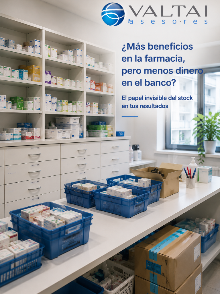 Rebotica de una farmacia con cubetas y cajas de productos y el texto «¿Más beneficios en la farmacia, pero menos dinero en el banco?».