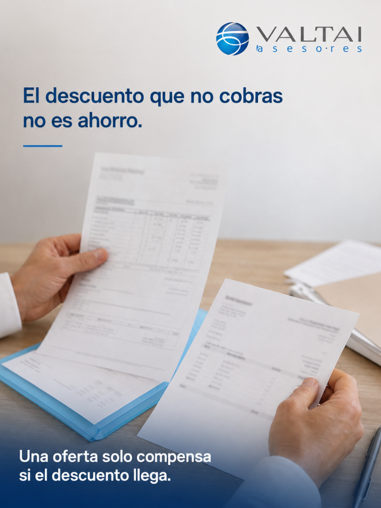 Manos revisando un descuento de proveedor en una factura de farmacia.