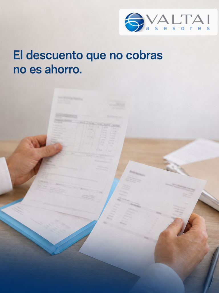 Manos revisando un descuento de proveedor en una factura de farmacia.
