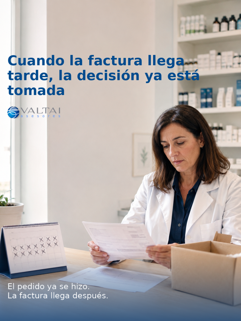 Farmacéutica revisando una factura junto a un calendario y un pedido recibido en la rebotica.