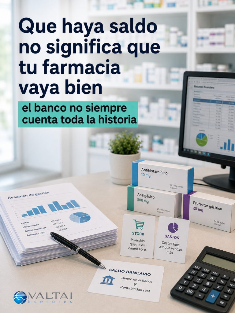 Imagen de una farmacia con documentos contables, medicamentos y el mensaje “Que haya saldo no significa que tu farmacia vaya bien”.