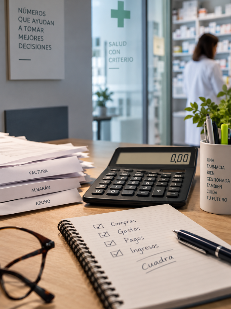 Mesa de trabajo con facturas, calculadora y libreta en una farmacia durante una revisión contable.