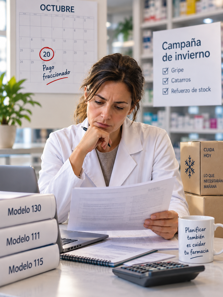Farmacéutica revisando el pago fraccionado y la campaña de invierno antes del 20 de octubre