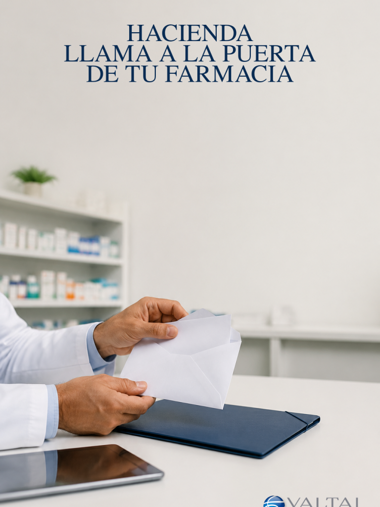 Notificación de Hacienda y documentación de una farmacia.