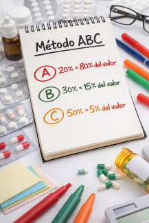 Cuaderno con explicación visual del método ABC aplicado a la gestión de stock en una farmacia