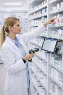 Gestión de stock en farmacia con farmacéutica revisando medicamentos