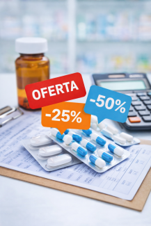Productos farmacéuticos con etiquetas de oferta y calculadora, imagen sobre cómo valorar promociones en la farmacia