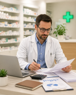 Titular de farmacia revisando documentación fiscal y contable en su oficina de farmacia