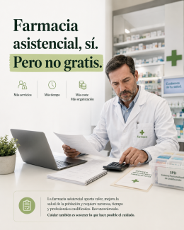 Farmacéutico revisando documentos y calculadora en una farmacia, con el mensaje “Farmacia asistencial, sí. Pero no gratis”, para representar que los nuevos servicios farmacéuticos requieren tiempo, costes y organización.