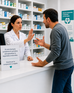 Farmacéutica atendiendo con calma a un cliente alterado en el mostrador de una farmacia, en una situación que refleja la importancia de poner límites con respeto.