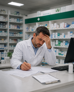 Farmacéutico titular revisando documentación en la oficina de farmacia