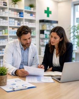 Titular de farmacia revisando documentación fiscal con su asesoría para preparar la declaración de la renta 2025.