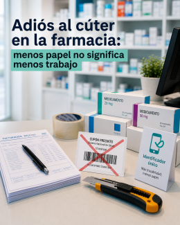 Mostrador de farmacia con medicamentos, documentación administrativa y un cúter, ilustrando la desaparición progresiva del cupón precinto.