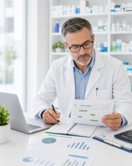 Farmacéutico revisando el plan de turnos, vacaciones y costes de verano en una oficina de farmacia