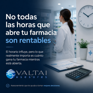 Titular de farmacia revisando el horario de apertura y la rentabilidad de su negocio