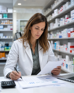 Farmacéutica revisando documentación económica en la rebotica de una farmacia