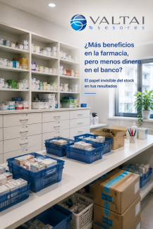 Rebotica de una farmacia con cubetas y cajas de productos y el texto «¿Más beneficios en la farmacia, pero menos dinero en el banco?».