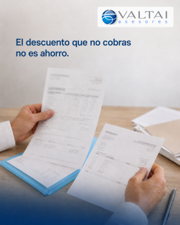 Manos revisando un descuento de proveedor en una factura de farmacia.