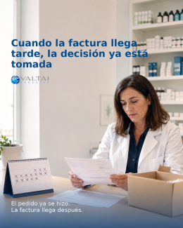 Farmacéutica revisando una factura junto a un calendario y un pedido recibido en la rebotica.