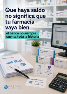 Imagen de una farmacia con documentos contables, medicamentos y el mensaje “Que haya saldo no significa que tu farmacia vaya bien”.