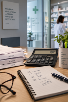 Mesa de trabajo con facturas, calculadora y libreta en una farmacia durante una revisión contable.
