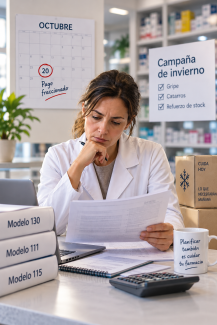 Farmacéutica revisando el pago fraccionado y la campaña de invierno antes del 20 de octubre