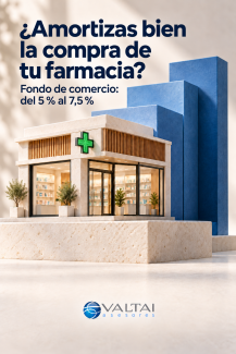 Ilustración de una farmacia con el texto «¿Amortizas bien la compra de tu farmacia? Fondo de comercio: del 5 % al 7,5 %» y el logo de Valtai Asesores.